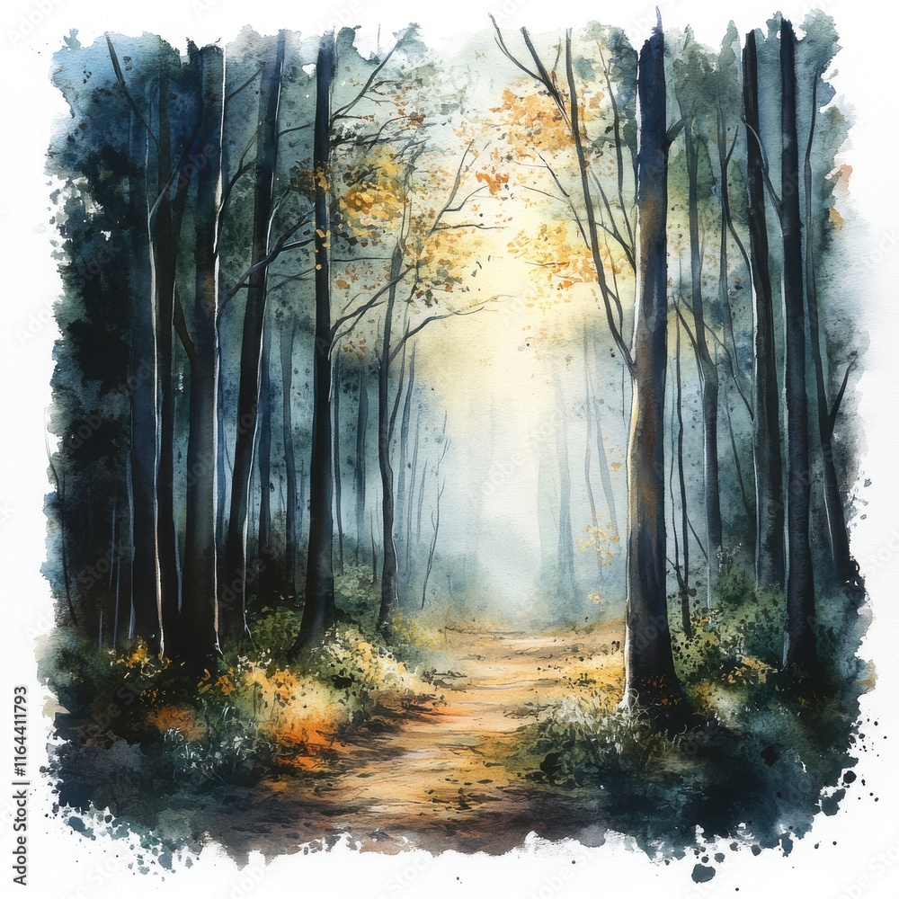 Naklejka premium Enchanted Forest Path with Soft Light and Misty Atmosphere