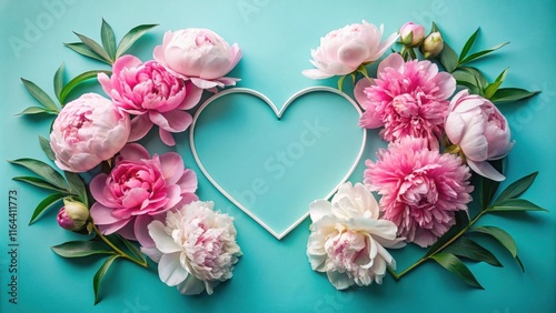 Fototapeta Naklejka Na Ścianę i Meble -  Lovely pink and white peonies arranged in a heart shape on a teal background