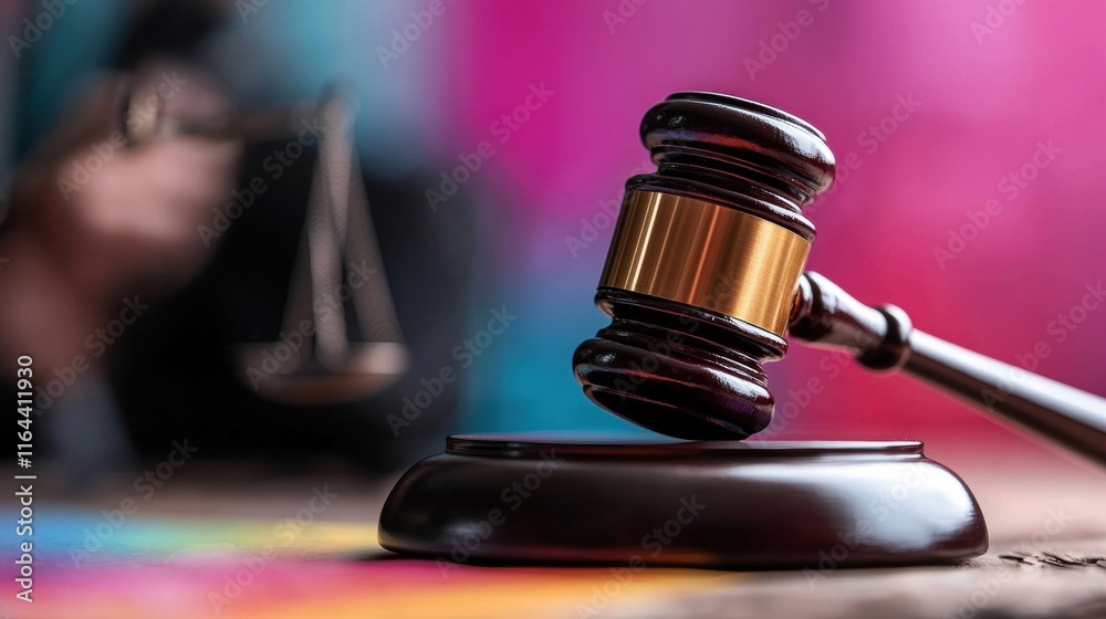 A gavel rests on a wooden surface, symbolizing justice, with a blurred background featuring a scale, representing law and legal proceedings. A gavel rests on a wooden surface, symbolizing justice, with a blurred background featuring a scale, representing law and legal proceedings.