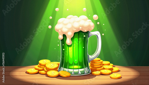 Cartoon-style illustration: a large mug of green beer with playfully rising bubbles surrounded by gold coins