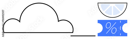 Cloud shape beside a blue discount tag with percentage sign and a lemon wedge above it. Ideal for sales, discounts, advertising, savings, cloud computing, data storage, digital marketing, customer