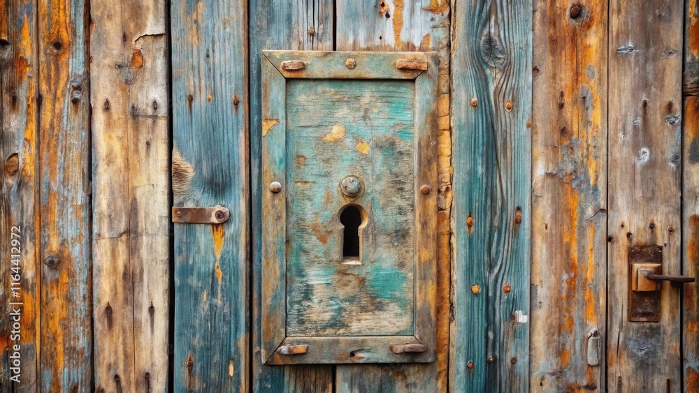Rustic Weathered Wooden Door with Keyhole Detail and Aged Paint Rustic Weathered Wooden Door with Keyhole Detail and Aged Paint