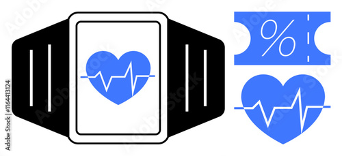 Fitness tracker screen with heart symbol and EKG line, adjacent discount coupon. Ideal for health, fitness, technology, wearable devices, medical, promotions wellness. Clean modern design blue