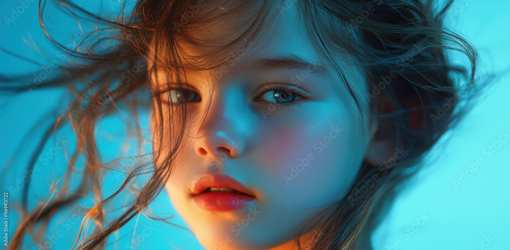 A young girl stands in an open area, her hair blowing gently in the wind under a colorful sky. She captures a peaceful moment filled with joy and natural beauty.