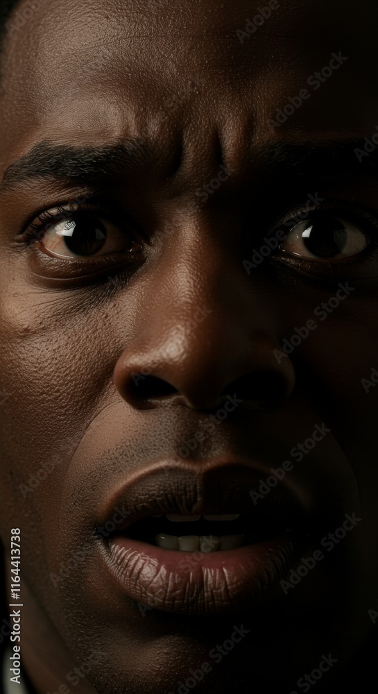 Close up of Black Man face, Scared Terrified Fear Expression, Zoom In, Zoomed Portrait Close up of Black Man face, Scared Terrified Fear Expression, Zoom In, Zoomed Portrait