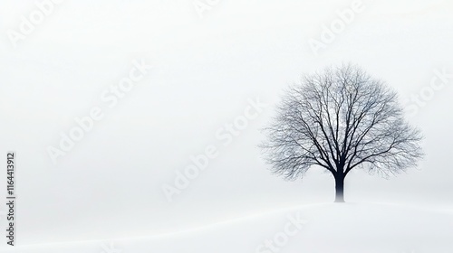   A solitary tree stands amidst a snow-covered field on a hazy, cloudy day