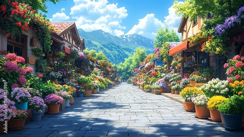 Flower-Lined Street in a Colorful Mountain Village