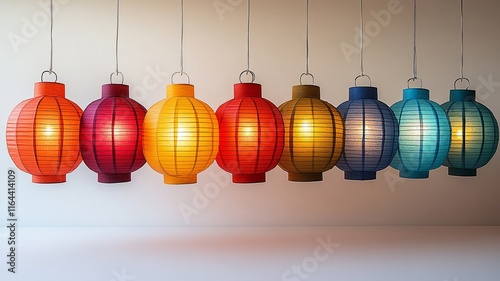 Colorful Paper Lanterns in a Row Against Dark Background