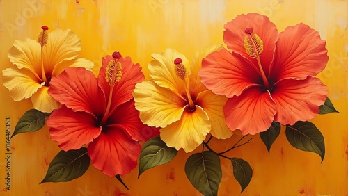 Large Red and Yellow Hibiscus Flowers Abstract Oil Painting - Vibrant Tropical Floral Art photo