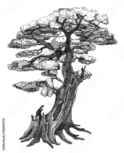 Hand drawn tree, vintage line drawing or engraving illustration.