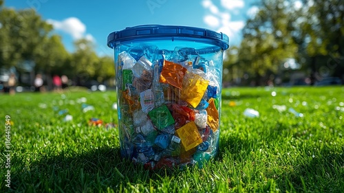 Plastic Waste Collection in Transparent Bin at Park