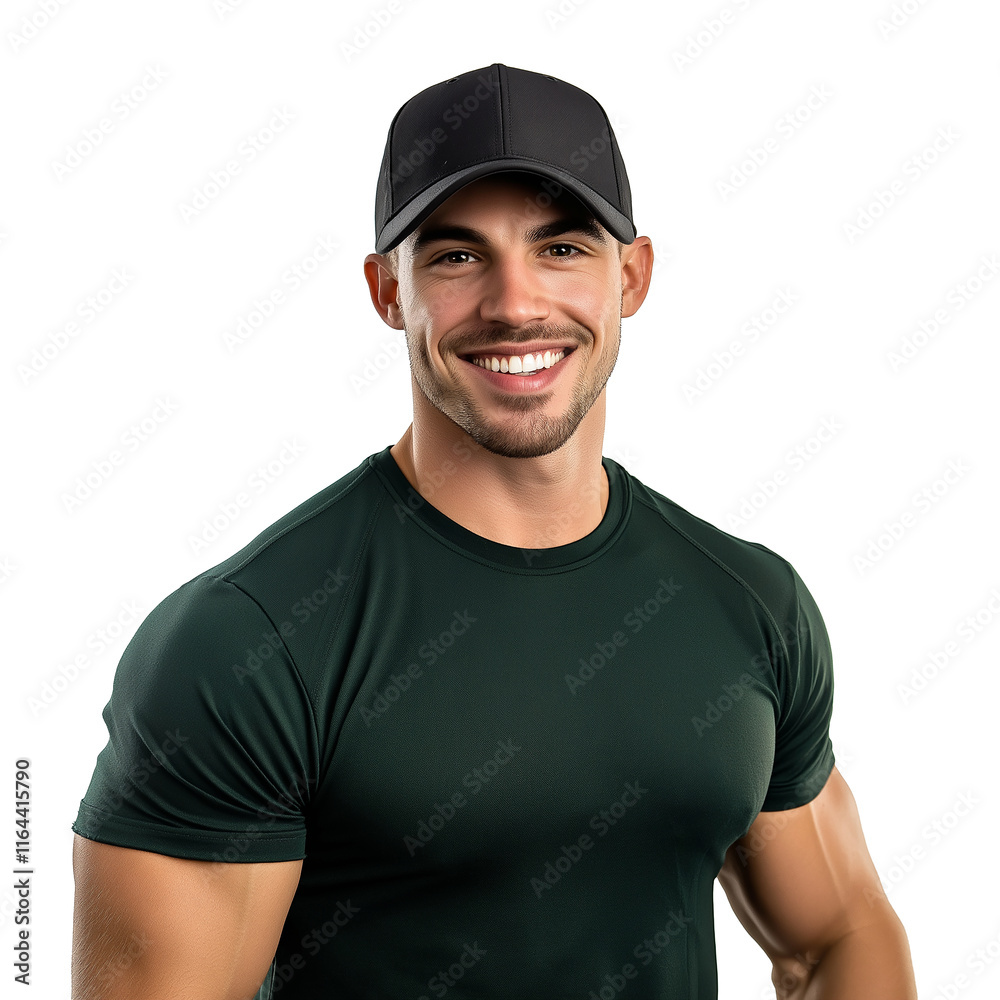 Handsome smiling man wearing black cap and green t-shirt on white background Handsome smiling man wearing black cap and green t-shirt on white background