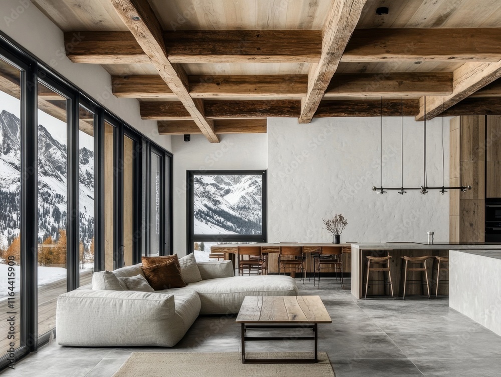 A large living room with a couch, coffee table, and a kitchen. The living room has a view of the mountains A large living room with a couch, coffee table, and a kitchen. The living room has a view of the mountains