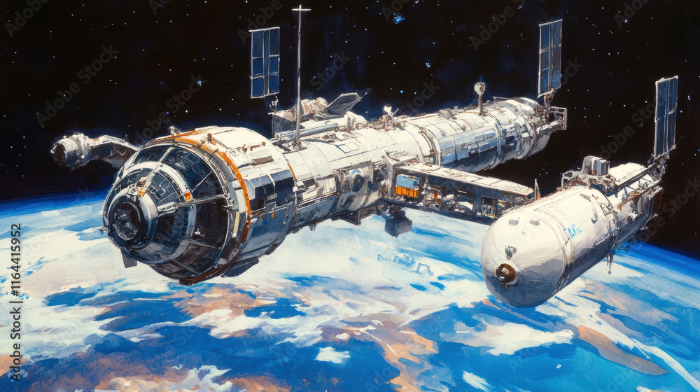 Fototapeta premium Exploring low earth orbit innovative digital art of the space station's cosmic realm