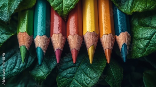 Vibrant Colored Pencils on Leafy Green Background