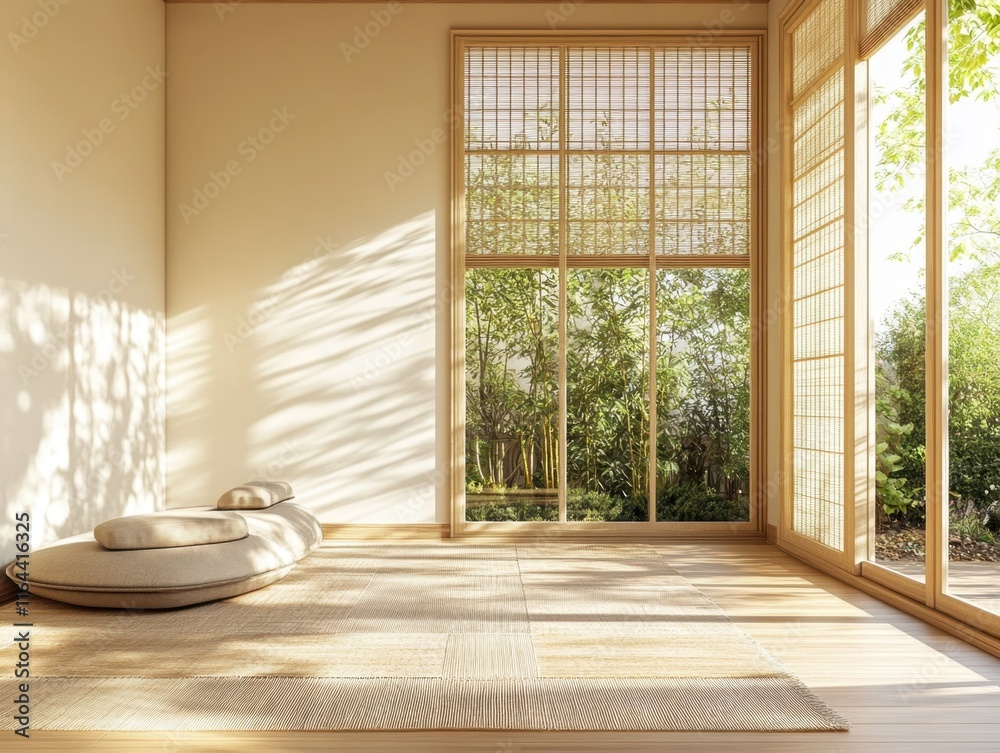Fototapeta premium A room with a tan wall and a tan rug. There is a chair in the room