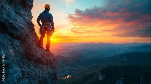 Climber Watching Sunrise from High Mountain Cliff