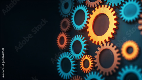 Interlocking gears representing collaboration in industry conceptual graphic dark environment