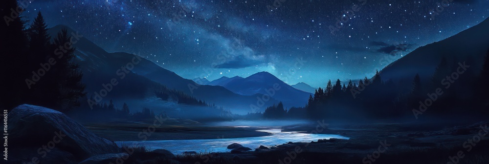 Fototapeta premium Serene Nighttime Mountain River Scene Under Starry Sky