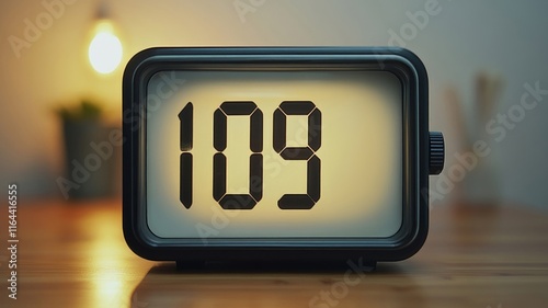 Digital Clock Displaying Numbers 109 on Wooden Table
