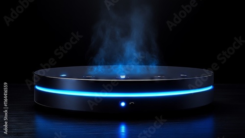 Modern Smart Home Device Emitting Smoke on Dark Background