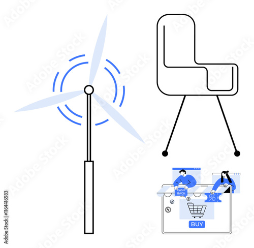 Windmill generating renewable energy with rotating blades, minimalist chair, and two people shopping online. Ideal for sustainability, design, e-commerce, technology, innovation, modern lifestyle