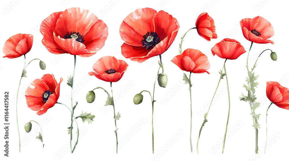 Obraz premium Watercolor Red Poppies Wildflower Set Isolated on Transparent Background