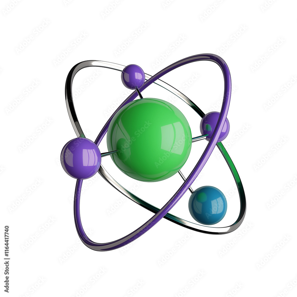 Colorful atomic model rotating around nucleus with electrons Colorful atomic model rotating around nucleus with electrons