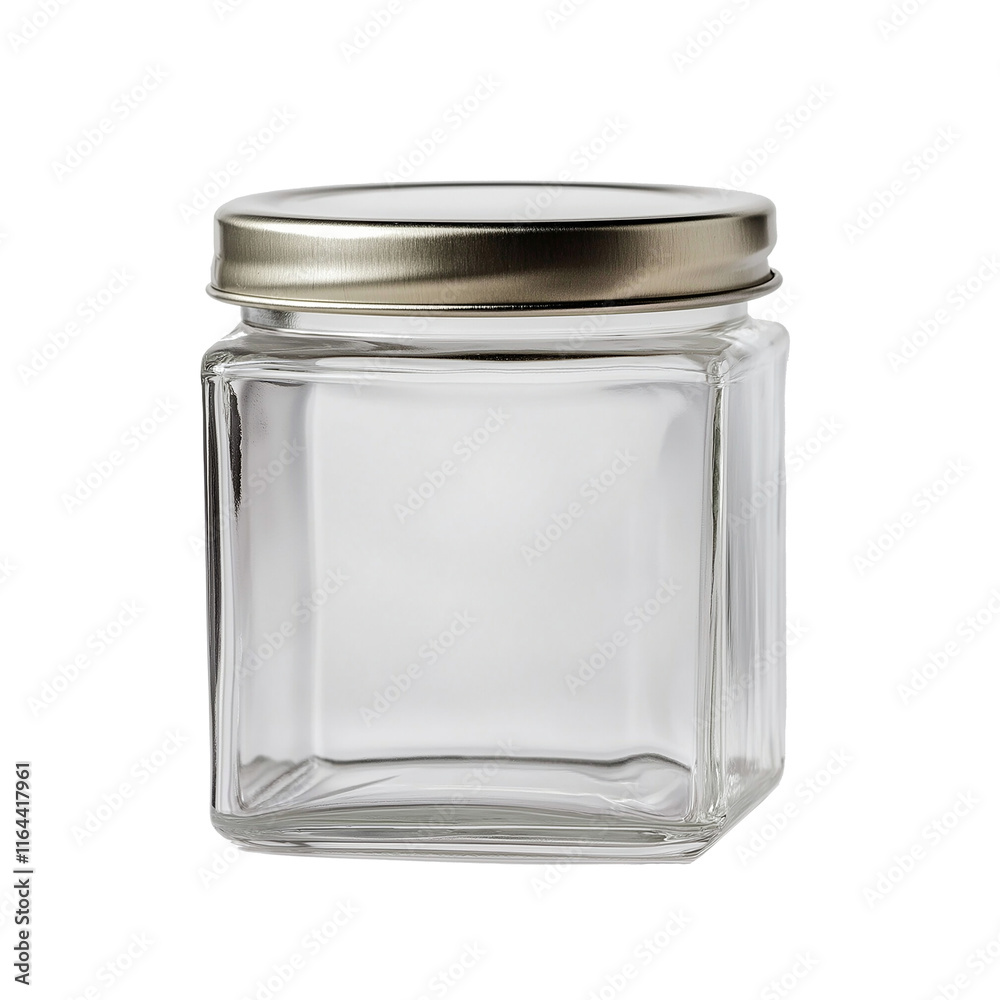 Empty square glass jar with metal lid isolated on white background Empty square glass jar with metal lid isolated on white background