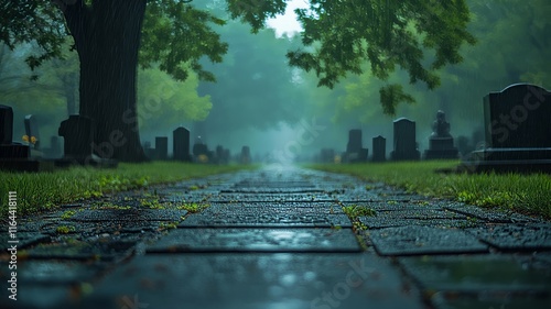 Moody Cemetery Path with Old Tombstones and Trees