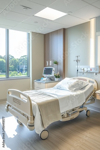Clean hospital room with a neatly made bed, monitoring equipment