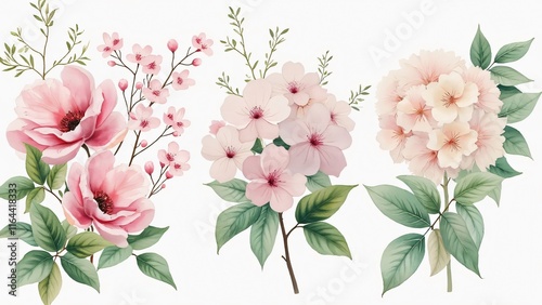 Ethereal Watercolor Floral Bouquet, Pastel Peonies, Cherry Blossoms, and Hydrangeas