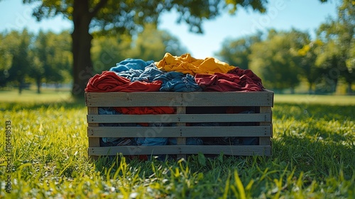 Colorful T-shirts Neatly Stacked in a Wooden Crate