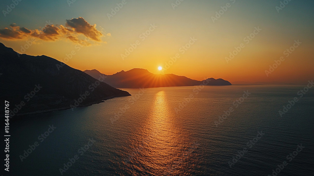 Sunset over the serene sea with mountains on the horizon in a picturesque landscape Sunset over the serene sea with mountains on the horizon in a picturesque landscape
