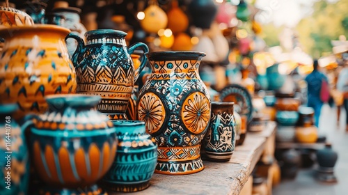 Close-up of colorful handmade pottery displayed at a Mexican market, with intricate patterns and vibrant hues