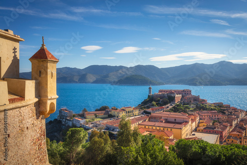 Elba island, Portoferraio aerial view from Forte Stella. Lighthouse and fort. Tuscany, Italy.