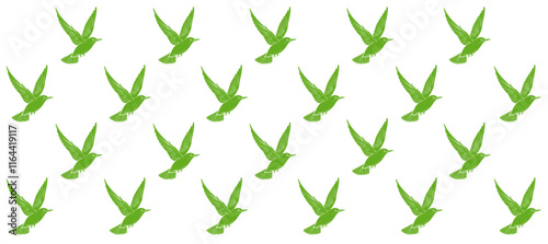 Pattern with green silhouette of birds flight in the white background
