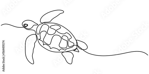 Continuous one line drawing of turtle. Simple illustration of tortoise line art vector illustration, Continuous one line hand drawn of a Leatherback turtle swimming in the Turquoise color sea water. 