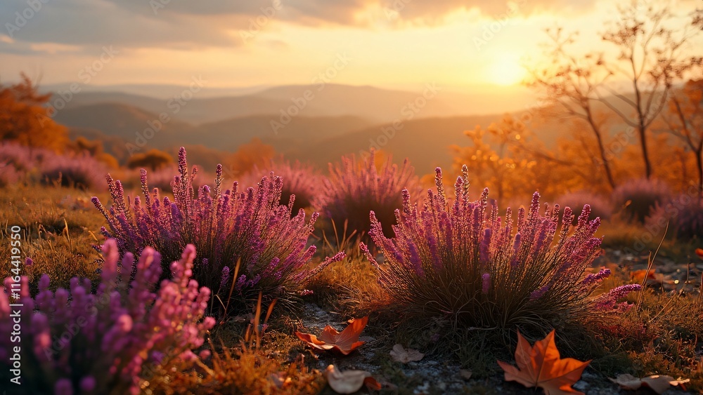 Serene Autumnal Landscape, Vibrant Heather Blooms at Golden Hour Sunset Serene Autumnal Landscape, Vibrant Heather Blooms at Golden Hour Sunset