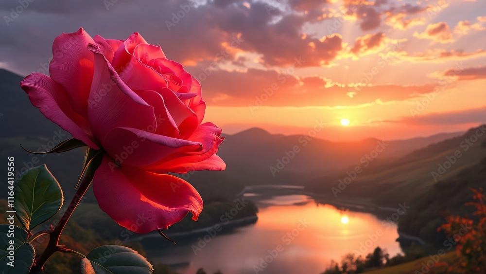 Vibrant Pink Rose at Sunset, Golden Hour Landscape with Lake and Hills Vibrant Pink Rose at Sunset, Golden Hour Landscape with Lake and Hills