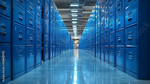 Long Corridor in a Modern Data Center with Blue Servers