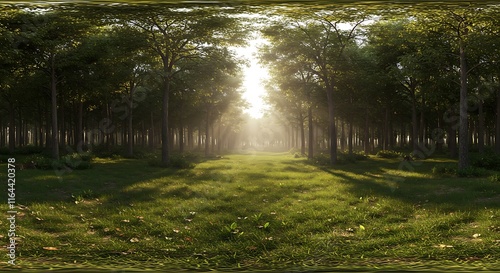 Full seamless 360 degree HDRI spherical panorama on a large spacious green field, sunny weather in the forest, glade in the forest. VR content photo