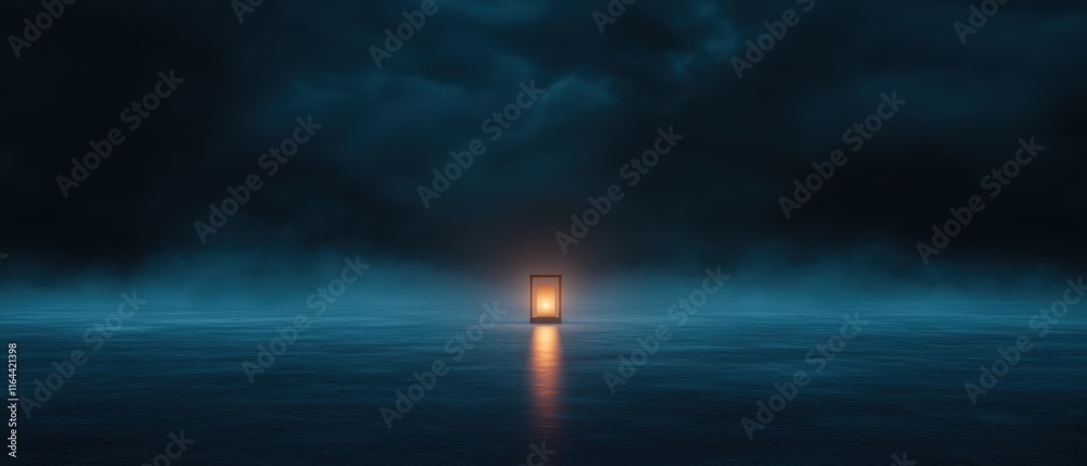Fototapeta premium A small lighted lantern is sitting in the middle of a dark body of water