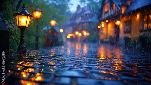 Wet Cobblestone Street Illuminated by Street Lamps at Night