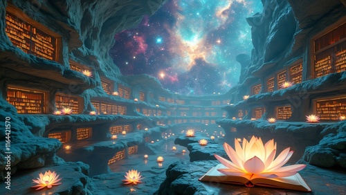 Enchanted Cave Library, Mystical Bookshelves Under a Starry Night Sky, Glowing Lotuses, Fantasy Book Illustration