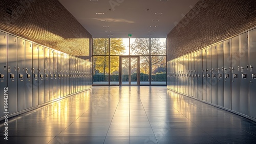 Long Hallway in School with Sunlight Streaming Through Windows