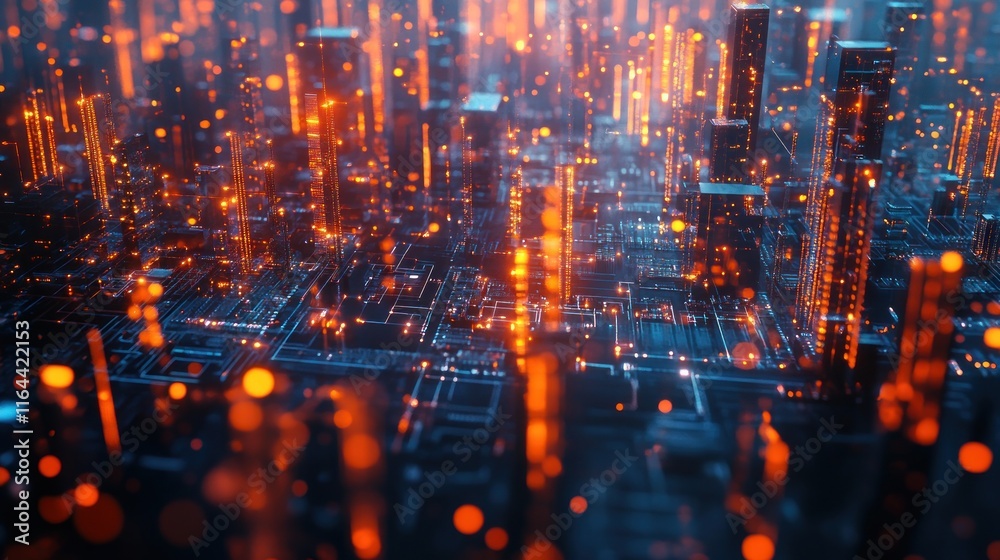 Obraz premium Digital Metropolis: A Futuristic Cityscape of Light and Circuits
