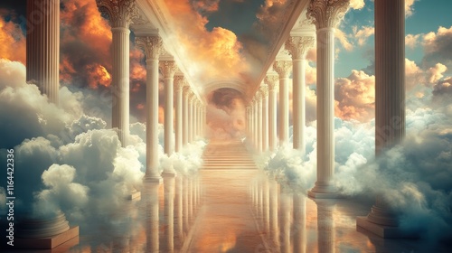 Heavenly council meeting celestial chamber floating scrolls divine environment elevated perspective