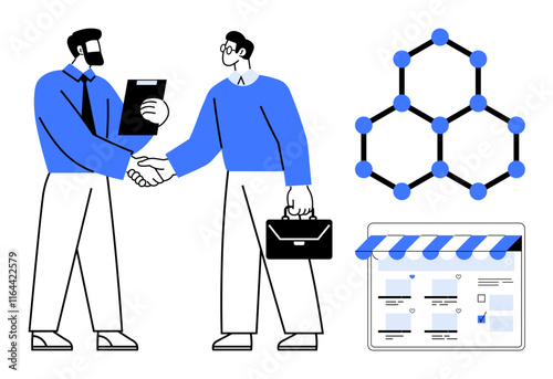 Business partners shaking hands, one holding a clipboard, the other a briefcase. Network diagram symbolizes connection, online store interface signifies e-commerce. Ideal for business, networking