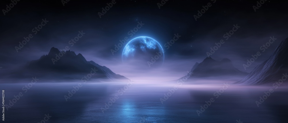 A large blue moon is in the sky above a calm body of water A large blue moon is in the sky above a calm body of water